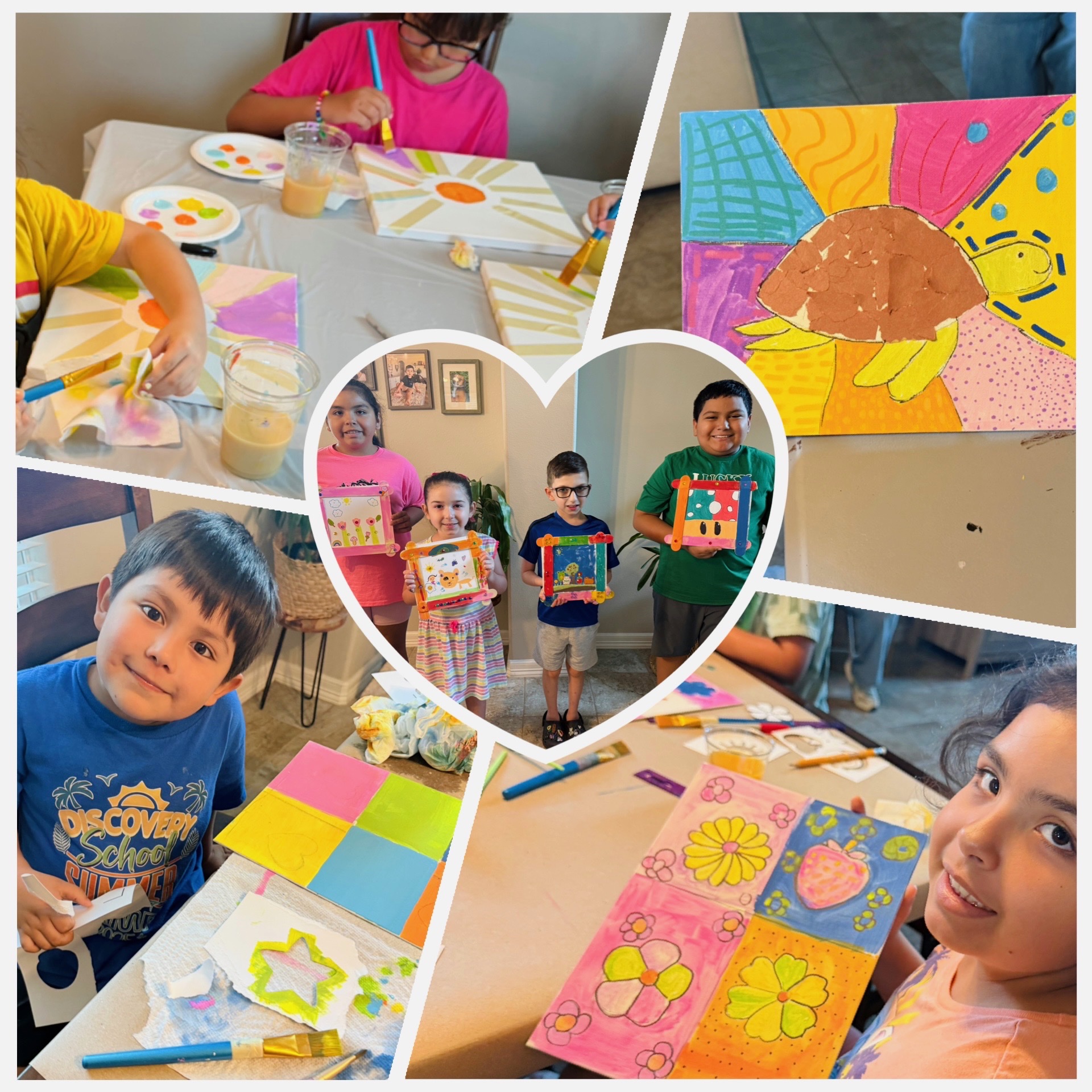 Creative Corner students painting and proudly sharing their colorful artwork